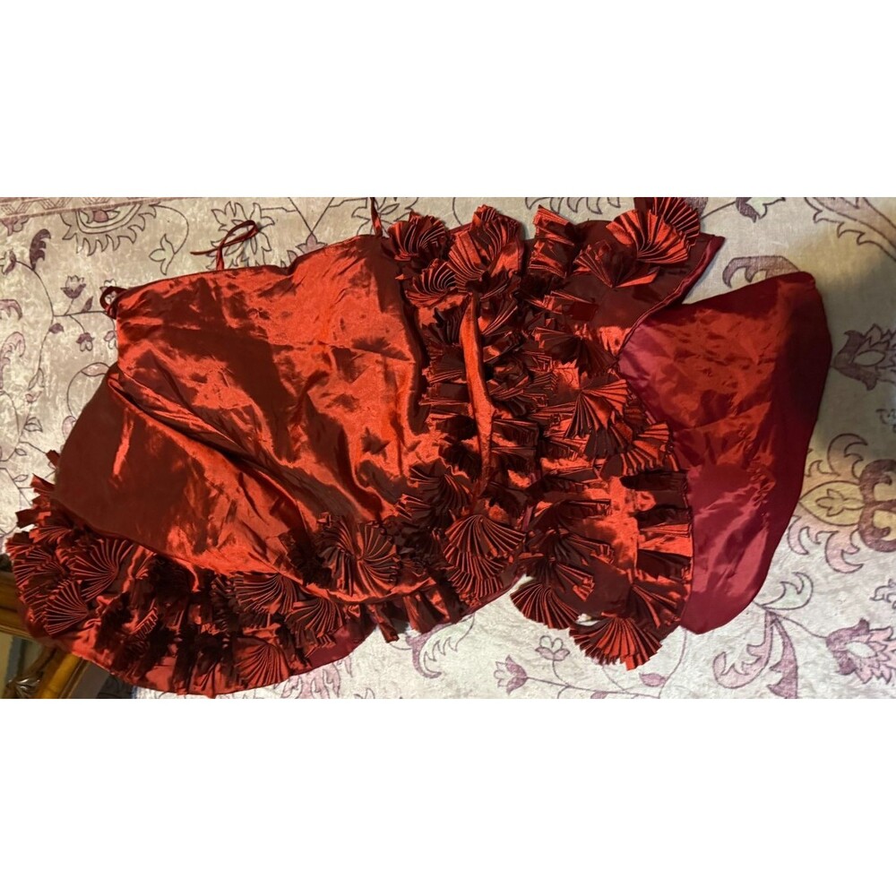 Dark Red Organza Christmas Tree SkirtFan Fringe Trim 40”